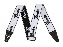 Fender WeighLess 2" Running Logo Strap, White/Black